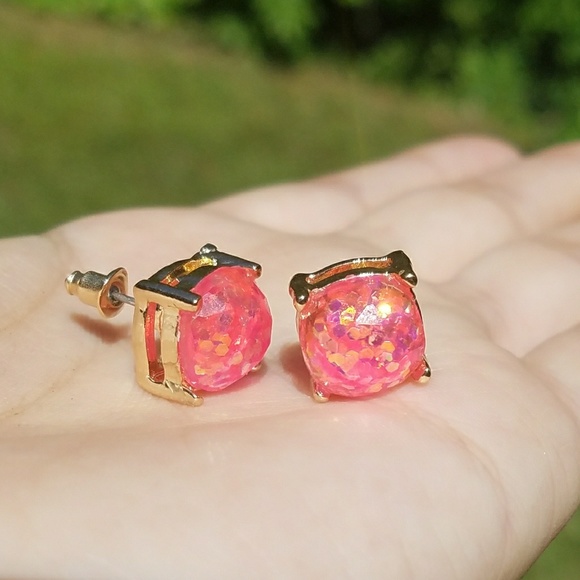 Gold Tone Pink Glitter Stud Earrings - Picture 4 of 5